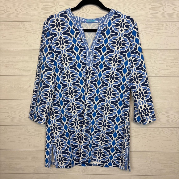 J. McLaughlin Tops - J. McLaughlin Catalina Cloth Blue Mosaic Print Tunic V Neck Blouse Size Large